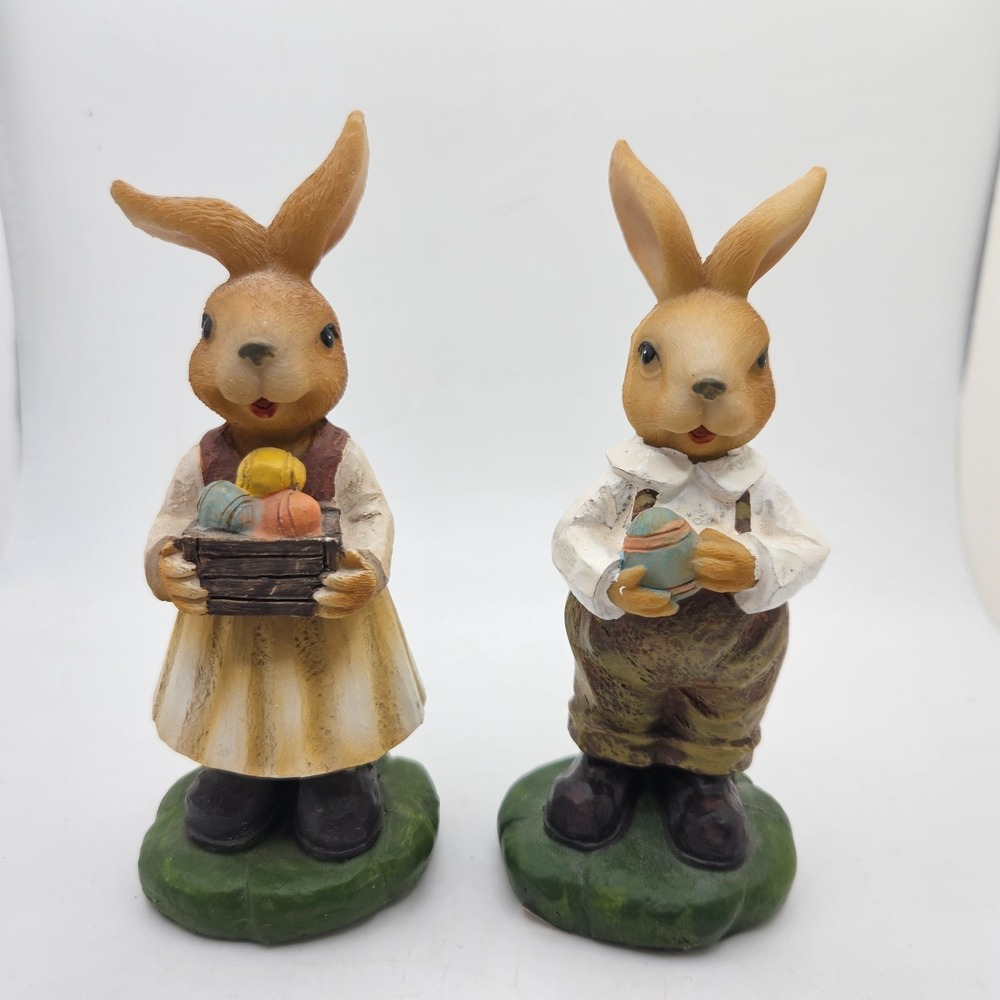 Vintage Easter Bunny Rabbit Figurine Set Boy Girl Eggs‎ Resin Spring Decor